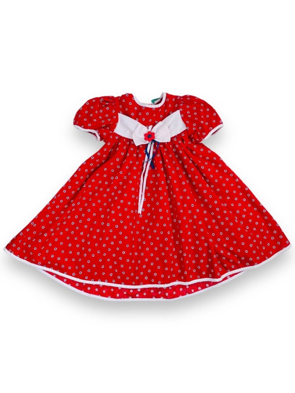 Vintage Girls Red Floral Big Bow Puff Sleeve Twirl Dress 6